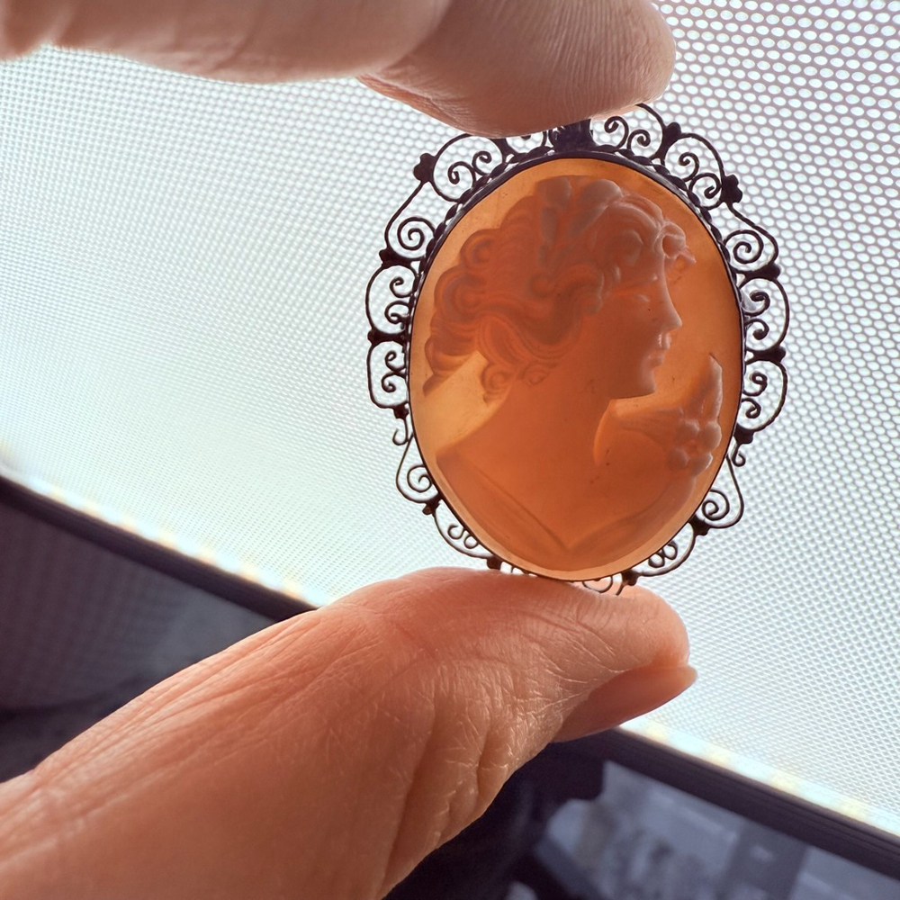 Antique Shell Cameo Sterling Silver 925 Lace Scroll Brooch Pendant Victorian Era - Picture 2 of 8